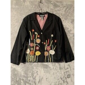 Indigo‎ Moon Womens 2-Sided Jacket Large Black Embroidered Ribbon Flowers Beads